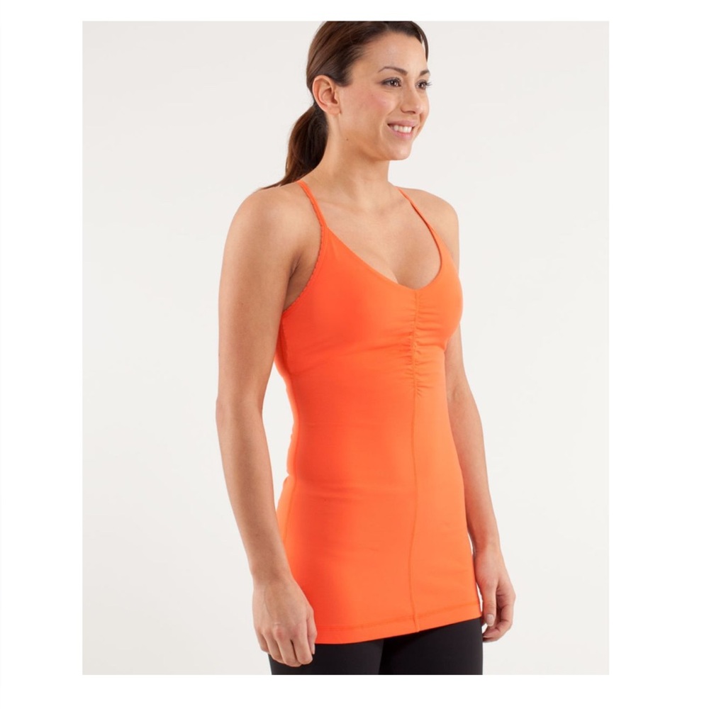 Lululemon Dazzling Orange Luon Ruched Strappy Open Your Heart Tank Top 6